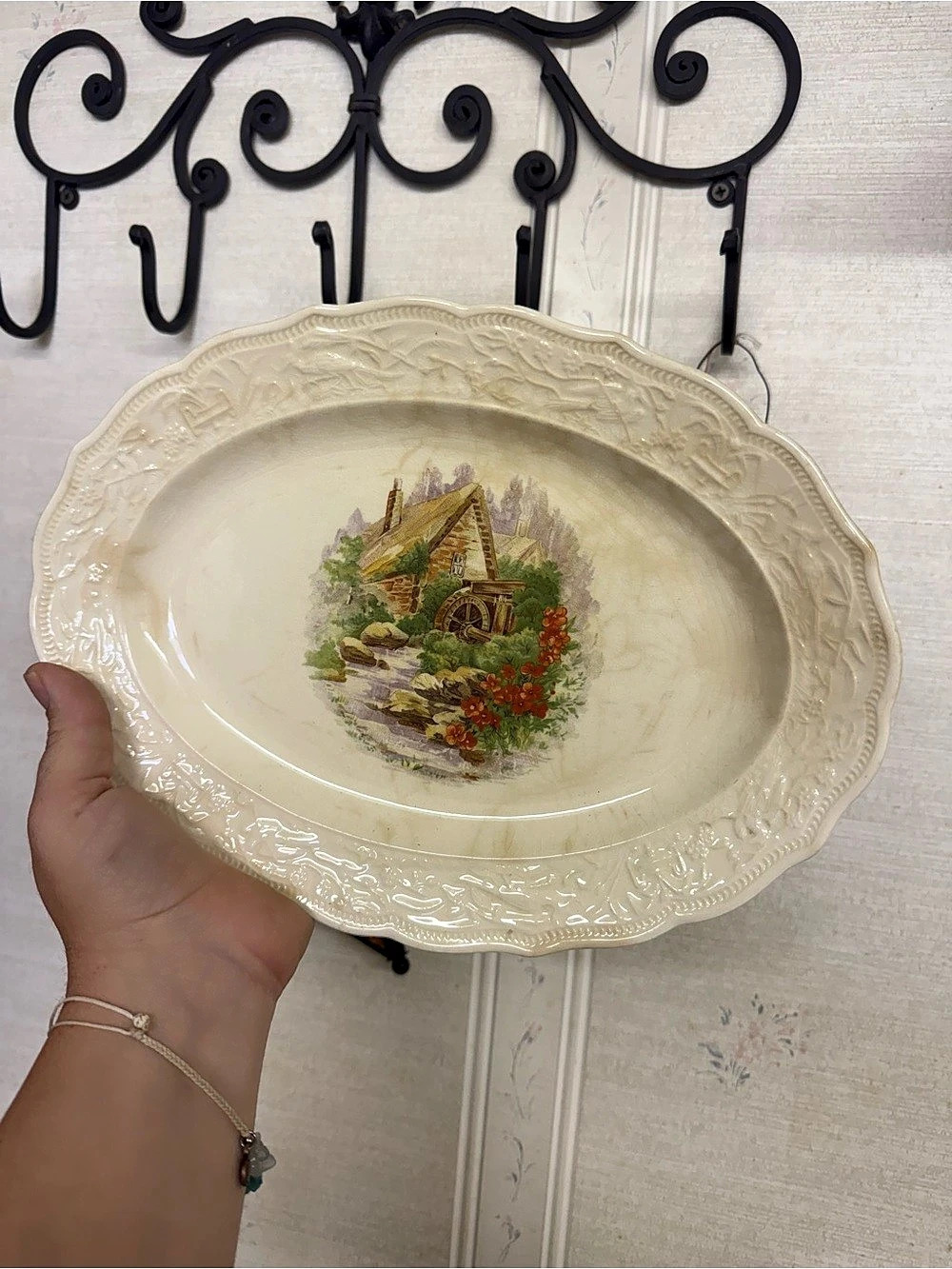 Vintage Mount Clemons Pottery Mill house Water Wheel  Cream Platter